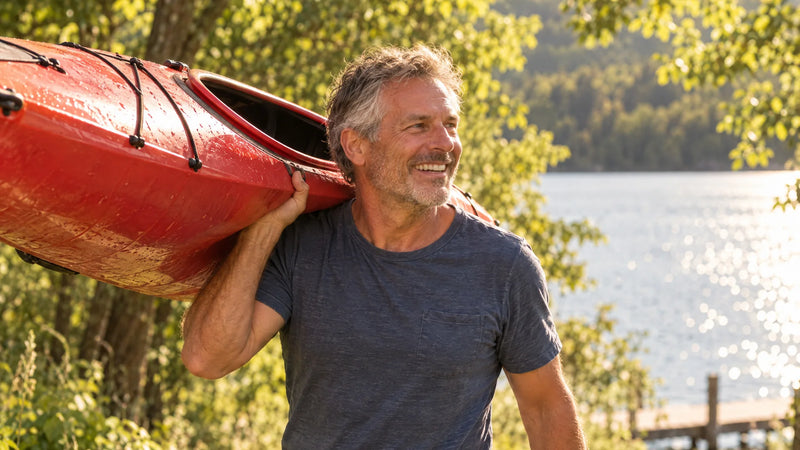 Strong man in his fifties carrying a kayak to the lake